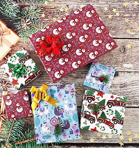 U'COVER Christmas Gift Wrapping Paper Large Sheet for Kids Boys Girls Baby Women Men Xmas Wrapping Paper 3Style Christmas Sloth Llama Santa Snowman Tree Truck Car Gift Wrap Paper (27*39.4inch 22sq.ft.)