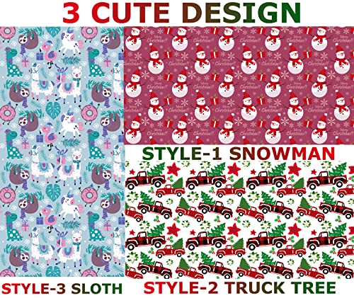 U'COVER Christmas Gift Wrapping Paper Large Sheet for Kids Boys Girls Baby Women Men Xmas Wrapping Paper 3Style Christmas Sloth Llama Santa Snowman Tree Truck Car Gift Wrap Paper (27*39.4inch 22sq.ft.)