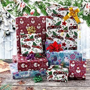 U'COVER Christmas Gift Wrapping Paper Large Sheet for Kids Boys Girls Baby Women Men Xmas Wrapping Paper 3Style Christmas Sloth Llama Santa Snowman Tree Truck Car Gift Wrap Paper (27*39.4inch 22sq.ft.)