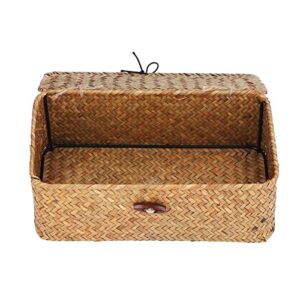 yuehuamech woven storage basket with lid natural seagrass organizer box rectangular shelf basket bins rattan wicker storage case for clothes makeup jewellery (l)