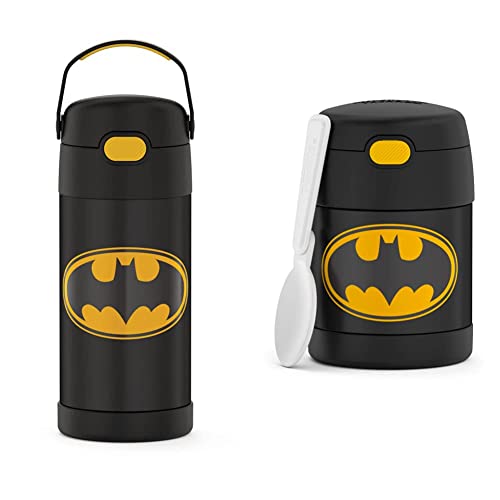 THERMOS FUNTAINER 12 Ounce Stainless Steel Vacuum Insulated Kids Straw Bottle, Batman & FUNTAINER 10 Ounce Stainless Steel Vacuum Insulated Kids Food Jar with Spoon, Batman