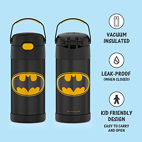 THERMOS FUNTAINER 12 Ounce Stainless Steel Vacuum Insulated Kids Straw Bottle, Batman & FUNTAINER 10 Ounce Stainless Steel Vacuum Insulated Kids Food Jar with Spoon, Batman