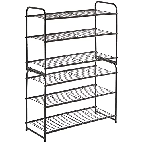 YMYNY Freestanding Shoe Racks, 3 Tiers Stackable & Adjustable Shoe Storage Shelf, Metal Wire Grid Shoe Organizer for 12-16 Pairs, for Entryway, Closet, Bedroom, Black, 26.8" L, UHXJ301B