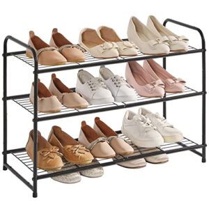 ymyny freestanding shoe racks, 3 tiers stackable & adjustable shoe storage shelf, metal wire grid shoe organizer for 12-16 pairs, for entryway, closet, bedroom, black, 26.8" l, uhxj301b