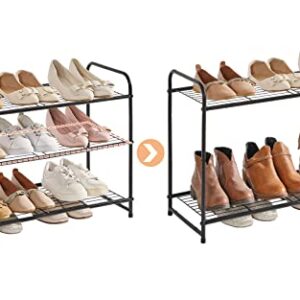 YMYNY Freestanding Shoe Racks, 3 Tiers Stackable & Adjustable Shoe Storage Shelf, Metal Wire Grid Shoe Organizer for 12-16 Pairs, for Entryway, Closet, Bedroom, Black, 26.8" L, UHXJ301B