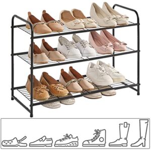 YMYNY Freestanding Shoe Racks, 3 Tiers Stackable & Adjustable Shoe Storage Shelf, Metal Wire Grid Shoe Organizer for 12-16 Pairs, for Entryway, Closet, Bedroom, Black, 26.8" L, UHXJ301B