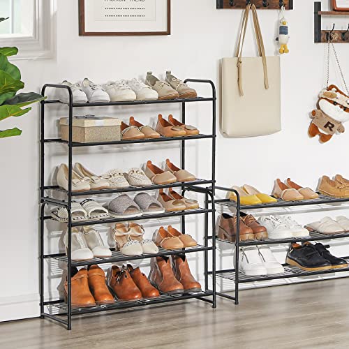 YMYNY Freestanding Shoe Racks, 3 Tiers Stackable & Adjustable Shoe Storage Shelf, Metal Wire Grid Shoe Organizer for 12-16 Pairs, for Entryway, Closet, Bedroom, Black, 26.8" L, UHXJ301B