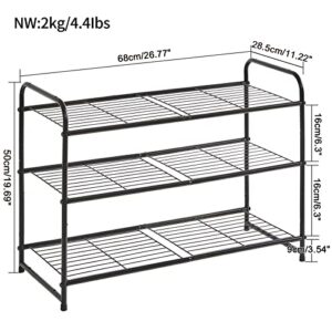 YMYNY Freestanding Shoe Racks, 3 Tiers Stackable & Adjustable Shoe Storage Shelf, Metal Wire Grid Shoe Organizer for 12-16 Pairs, for Entryway, Closet, Bedroom, Black, 26.8" L, UHXJ301B