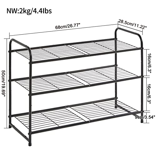 YMYNY Freestanding Shoe Racks, 3 Tiers Stackable & Adjustable Shoe Storage Shelf, Metal Wire Grid Shoe Organizer for 12-16 Pairs, for Entryway, Closet, Bedroom, Black, 26.8" L, UHXJ301B