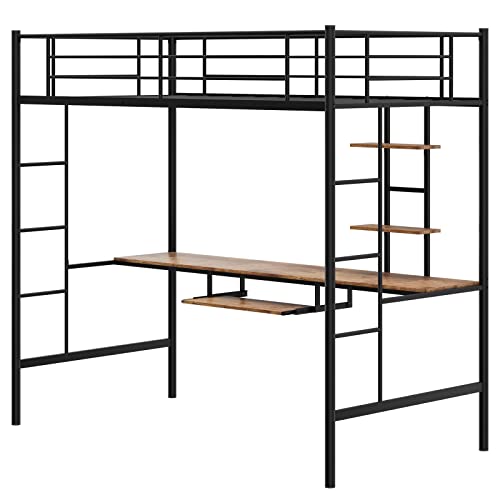 Giantex Twin Loft Bed with Desk and Bookcase, Metal Bunk Bed Frame w/Guardrail & Bilateral Ladder for Kids Teens Adults, Space-Saving Loft Bed with Keyboard Tray, No Box Spring Needed, Black