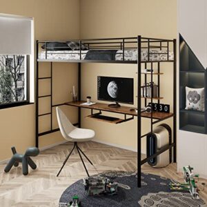 giantex twin loft bed with desk and bookcase, metal bunk bed frame w/guardrail & bilateral ladder for kids teens adults, space-saving loft bed with keyboard tray, no box spring needed, black
