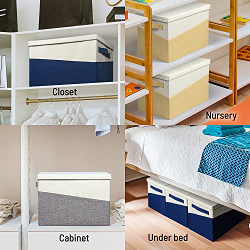 Fabric Storage Box with Lids [3 Pack] Foldable Closet Shelf Organizer Linen Decorative Bins with Cover Handles Collapsible Baskets Containers for Home Closet Clothes Nursery Toy (15x10x10 inch, 27L, Yellow)