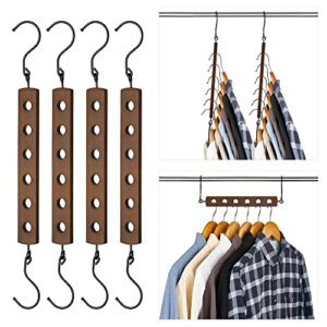 mkono 4 pcs hangers space saving wood collapsible hangers for closet shirt organizer with 6 holes college dorm room essentials, multiple hangers in one closet clothes organizer magic hanger stacker