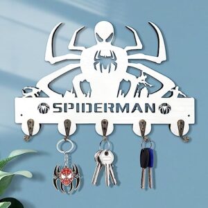 key holder for wall self adhesive, key hook for wall with 5 hooks, spider design man key hanger for entryway hallway - white - gifts to man kids