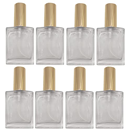 PimyRcyi 8PCS Square Glass Spray bottle,Small Refillable Container with Fine Mist srpayer,Perfume bottle (50ml, Clear+Gold)