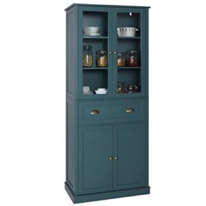 veikou kitchen pantry cabinets, 72" freestanding kitchen pantry storage cabinet with large drawer, traditional tall pantry cabinet cupboard with glass doors & adjustable shelves, dark teal