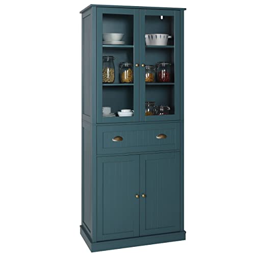 VEIKOU Kitchen Pantry Cabinets, 72" Freestanding Kitchen Pantry Storage Cabinet with Large Drawer, Traditional Tall Pantry Cabinet Cupboard with Glass Doors & Adjustable Shelves, Dark Teal