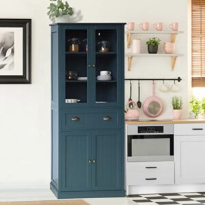 VEIKOU Kitchen Pantry Cabinets, 72" Freestanding Kitchen Pantry Storage Cabinet with Large Drawer, Traditional Tall Pantry Cabinet Cupboard with Glass Doors & Adjustable Shelves, Dark Teal