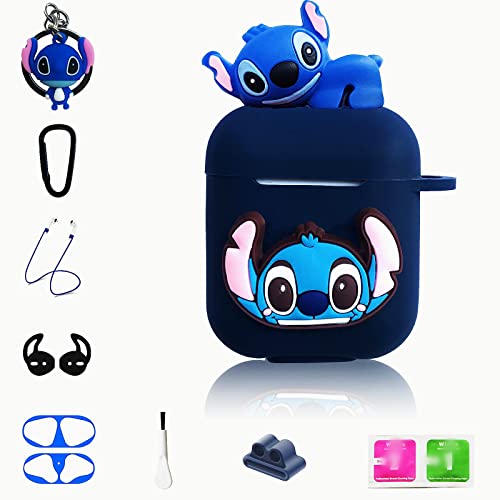 Stitch Case for Apple AirPods 1&2, 9 in 1 Accessories Set Protective Cover,3D Cartoon Case/Keychain/Carabiner/Metal dust Sticker/Anti-Lost Rope.The Best Gift