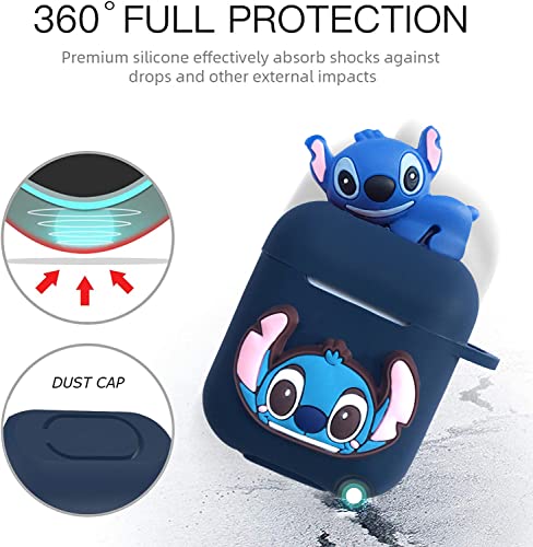 Stitch Case for Apple AirPods 1&2, 9 in 1 Accessories Set Protective Cover,3D Cartoon Case/Keychain/Carabiner/Metal dust Sticker/Anti-Lost Rope.The Best Gift