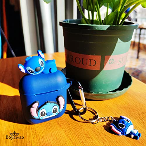 Stitch Case for Apple AirPods 1&2, 9 in 1 Accessories Set Protective Cover,3D Cartoon Case/Keychain/Carabiner/Metal dust Sticker/Anti-Lost Rope.The Best Gift