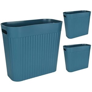 zoforty 3 pack slim plastic trash can wastebasket 3 gallon garbage container bin with handles for bathroom, kitchen, office, dorm (blue, rectangular)