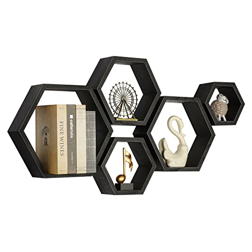 YBING Hexagon Floating Shelves Set of 5 Hexagonal Wall Mounted Decorative Shelf Honeycomb Storage Hanging Wooden Shelves for Farmhouse Living Room Bedroom, Black