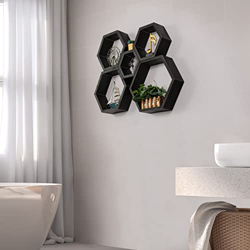 YBING Hexagon Floating Shelves Set of 5 Hexagonal Wall Mounted Decorative Shelf Honeycomb Storage Hanging Wooden Shelves for Farmhouse Living Room Bedroom, Black