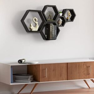 YBING Hexagon Floating Shelves Set of 5 Hexagonal Wall Mounted Decorative Shelf Honeycomb Storage Hanging Wooden Shelves for Farmhouse Living Room Bedroom, Black