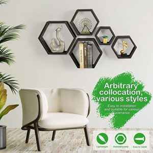 YBING Hexagon Floating Shelves Set of 5 Hexagonal Wall Mounted Decorative Shelf Honeycomb Storage Hanging Wooden Shelves for Farmhouse Living Room Bedroom, Black