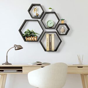 YBING Hexagon Floating Shelves Set of 5 Hexagonal Wall Mounted Decorative Shelf Honeycomb Storage Hanging Wooden Shelves for Farmhouse Living Room Bedroom, Black