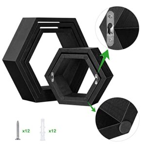 YBING Hexagon Floating Shelves Set of 5 Hexagonal Wall Mounted Decorative Shelf Honeycomb Storage Hanging Wooden Shelves for Farmhouse Living Room Bedroom, Black