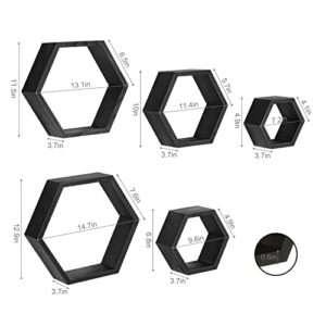 YBING Hexagon Floating Shelves Set of 5 Hexagonal Wall Mounted Decorative Shelf Honeycomb Storage Hanging Wooden Shelves for Farmhouse Living Room Bedroom, Black