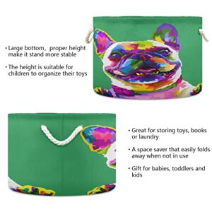 xigua French Bulldog on Green Background Large Round Storage Basket 20 x14 Inches Collapsible Round Storage Bin, Laundry Basket Organizer for Towels, Blanket, Toys, Clothes