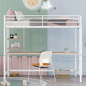 Harper & Bright Designs Twin Loft Bed with Desk, Metal Loft Bed Frame with Storage Shelves (Twin Size, White)