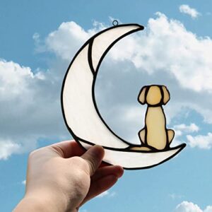 BOXCASA Loss of Dog Sympathy Gift,Stained Glass Dog on Moon for Suncatcher Gifts,Yellow Dog Memorial Gifts for Pet Loss Gifts,Pet Sympathy Gifts for Dogs,Pet Memorial Gifts