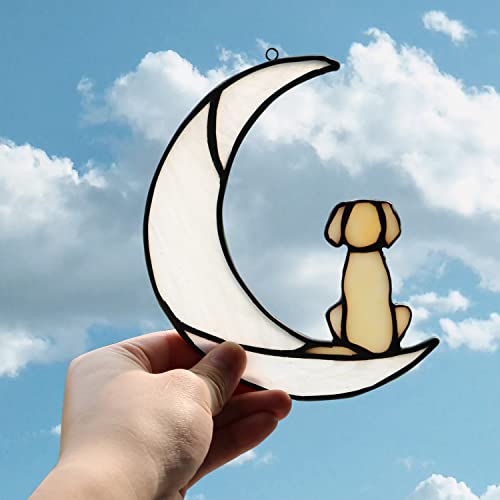 BOXCASA Loss of Dog Sympathy Gift,Stained Glass Dog on Moon for Suncatcher Gifts,Yellow Dog Memorial Gifts for Pet Loss Gifts,Pet Sympathy Gifts for Dogs,Pet Memorial Gifts