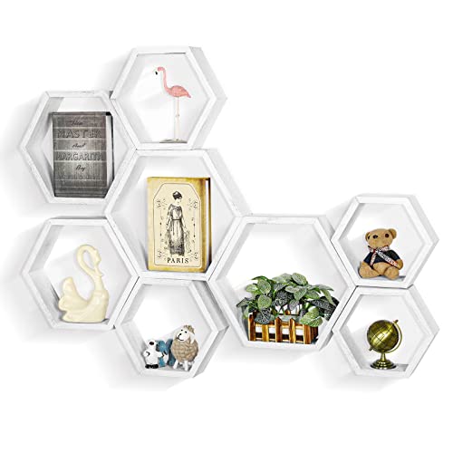 YBING Hexagon Floating Shelves Wall Mounted Set of 8 Wooden Hexagonal Shelves for Wall Storage Honeycomb Shelves for Bedroom Living Room Office Wall Decor, White