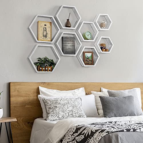 YBING Hexagon Floating Shelves Wall Mounted Set of 8 Wooden Hexagonal Shelves for Wall Storage Honeycomb Shelves for Bedroom Living Room Office Wall Decor, White