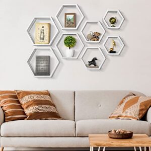 YBING Hexagon Floating Shelves Wall Mounted Set of 8 Wooden Hexagonal Shelves for Wall Storage Honeycomb Shelves for Bedroom Living Room Office Wall Decor, White