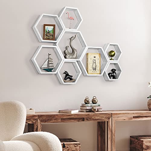 YBING Hexagon Floating Shelves Wall Mounted Set of 8 Wooden Hexagonal Shelves for Wall Storage Honeycomb Shelves for Bedroom Living Room Office Wall Decor, White