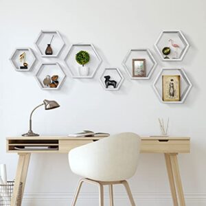 YBING Hexagon Floating Shelves Wall Mounted Set of 8 Wooden Hexagonal Shelves for Wall Storage Honeycomb Shelves for Bedroom Living Room Office Wall Decor, White