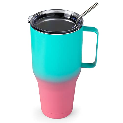 Sangyn 40oz Insulated Mug Tumbler with Handle, Stainless Steel Vacuum Travel Cups with Lid and Straw, Keeps Cold up to 24 Hours for Office/Home/Car Using(Gradient Mint-Pink)