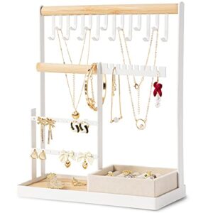 jewelry organizer stand with velvet ring holder, 4 tier jewelry holder organizer with 15 hooks necklace organizer and watch bracket holder, jewelry stand with 16 holes for earring holder, white