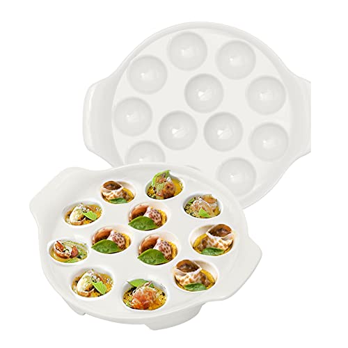 Vkinman 2pcs Ceramic Escargot Dish with 12 holes 9.2 Inch Snail White Ceramic Plates Diet Plate