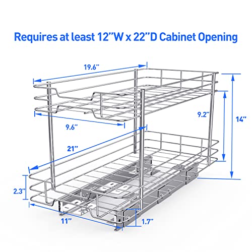 2 Tier Pull-out Cabinet Organizer, 11"W x 21"D Kitchen Under Sink Organizer, Slide Out Home Spice Rack Storage Shelves for Pots and Cans, Drawer Pantry Shelf Organization for Bathroom Base, Chrome