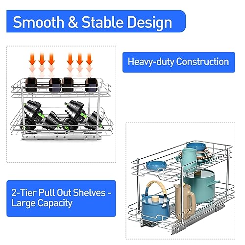 2 Tier Pull-out Cabinet Organizer, 11"W x 21"D Kitchen Under Sink Organizer, Slide Out Home Spice Rack Storage Shelves for Pots and Cans, Drawer Pantry Shelf Organization for Bathroom Base, Chrome