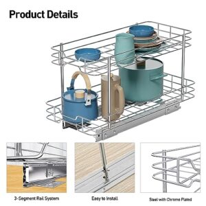 2 Tier Pull-out Cabinet Organizer, 11"W x 21"D Kitchen Under Sink Organizer, Slide Out Home Spice Rack Storage Shelves for Pots and Cans, Drawer Pantry Shelf Organization for Bathroom Base, Chrome