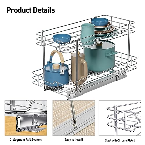 2 Tier Pull-out Cabinet Organizer, 11"W x 21"D Kitchen Under Sink Organizer, Slide Out Home Spice Rack Storage Shelves for Pots and Cans, Drawer Pantry Shelf Organization for Bathroom Base, Chrome