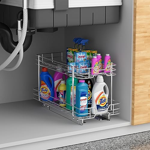 2 Tier Pull-out Cabinet Organizer, 11"W x 21"D Kitchen Under Sink Organizer, Slide Out Home Spice Rack Storage Shelves for Pots and Cans, Drawer Pantry Shelf Organization for Bathroom Base, Chrome